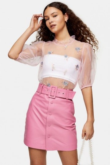 TOPSHOP Pink Embroidered Open Back Organza Blouse – sheer floral tops - flipped