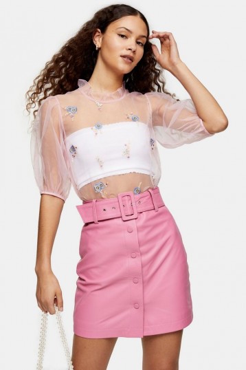 TOPSHOP Pink Embroidered Open Back Organza Blouse – sheer floral tops