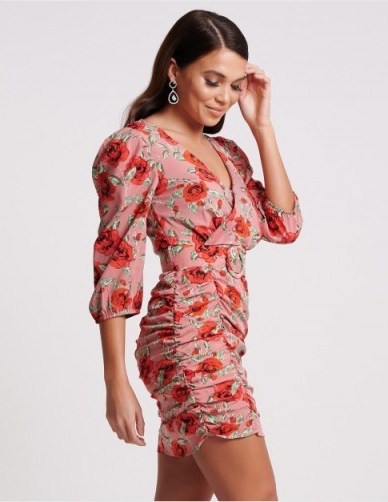FOREVER UNIQUE Pink Floral Print Ruched Mini Dress ~ going out mini dresses - flipped