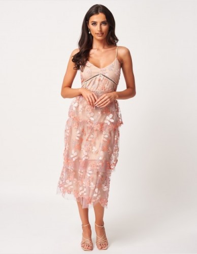 FOREVER UNIQUE Pink Frill Midi Dress With Sequin Embellishments ~ tiered semi sheer dresses