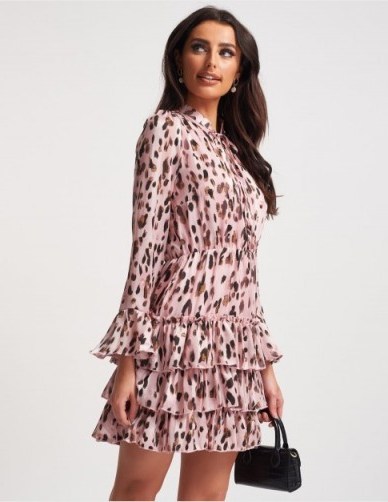 FOREVER UNIQUE Pink Leopard Print Mini Dress With Frill Skirt Detailing ~ tiered ruffle dresses - flipped