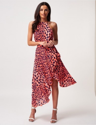 FOREVER UNIQUE Pink Leopard Ruffle Halter Neck Midi Dress ~ asymmetric eveing dresses