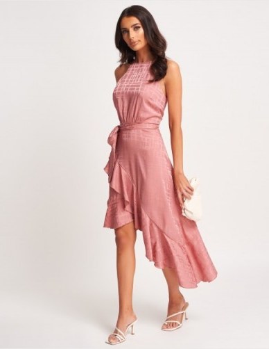 FOREVER UNIQUE Pink Ruffle Asymmetric Halter Neck Midi Dress ~ summer occasion wear ~ asymmetric ruffles - flipped