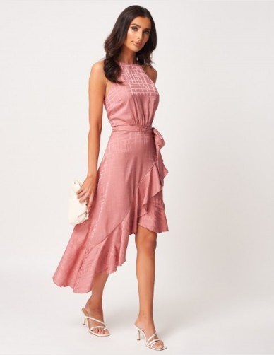 FOREVER UNIQUE Pink Ruffle Asymmetric Halter Neck Midi Dress ~ summer occasion wear ~ asymmetric ruffles