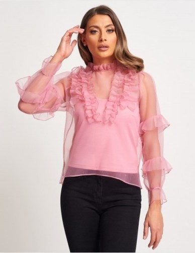 FOREVER UNIQUE Pink Sheer Organza Blouse ~ semi sheer ruffled blouses - flipped