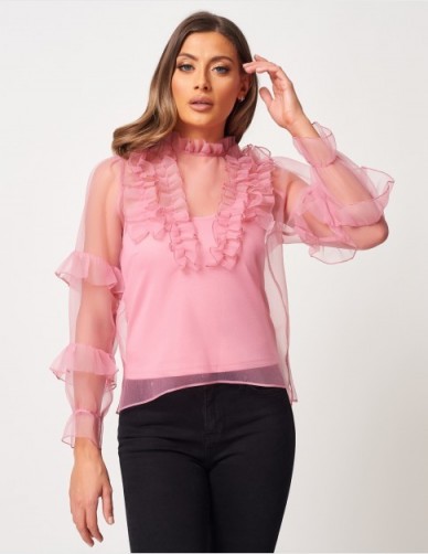 FOREVER UNIQUE Pink Sheer Organza Blouse ~ semi sheer ruffled blouses