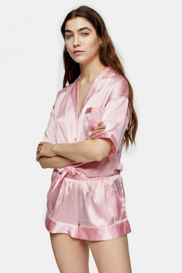 TOPSHOP Pink Tie Satin Shirt And Shorts Pyjama Set