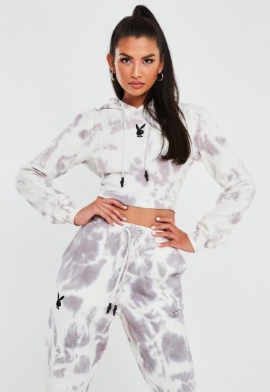playboy x missguided grey tie dye fitted cropped hoodie - flipped