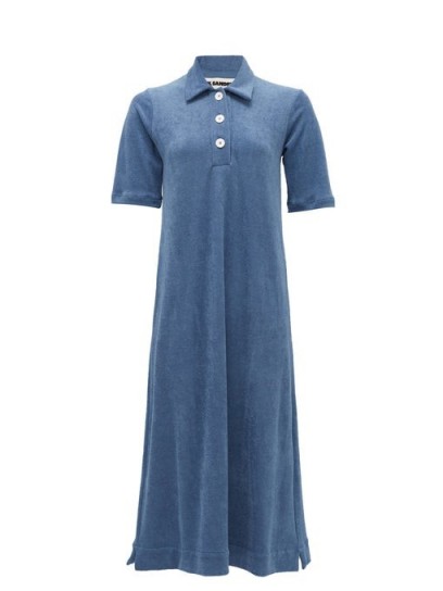 JIL SANDER Point-collar cotton-terry midi dress in blue ~ effortless style