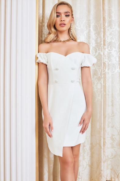 LAVISH ALICE bardot puff sleeve mini dress in white