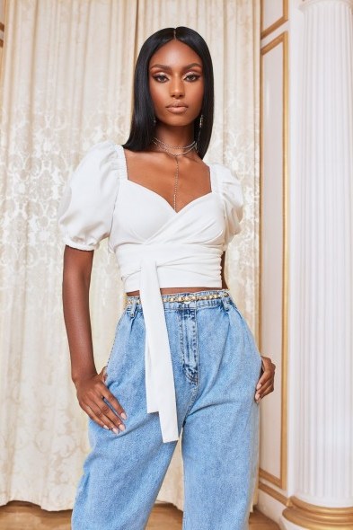 Lavish Alice short puff sleeve cropped top in white - flipped