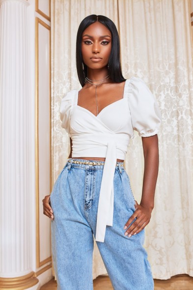 Lavish Alice short puff sleeve cropped top in white
