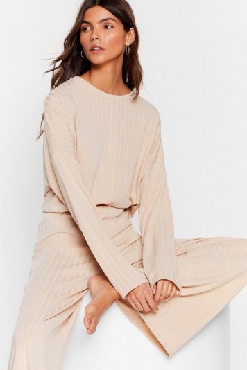 Nasty Gal Recycled Let’s Chill Wide-Leg Trousers Lounge Set Oatmeal