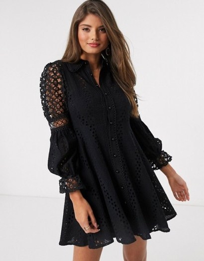 River Island long sleeved broderie lace shirt dress in black - flipped