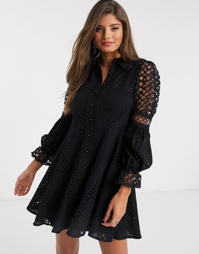 River Island long sleeved broderie lace shirt dress in black
