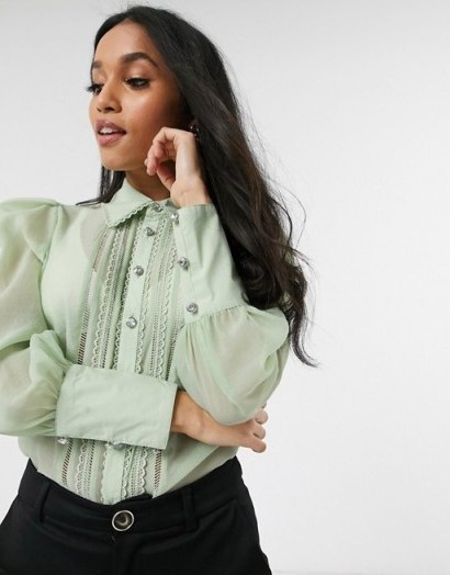 River Island Petite pleated front shirt in sage green – sheer chrochet detail shirts - flipped