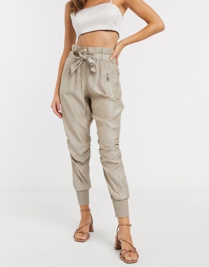 River Island ruched satin tie waist jogger trousers in beige