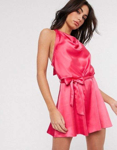River Island satin cowl neck playsuit in pink – slinky going out playsuits - flipped