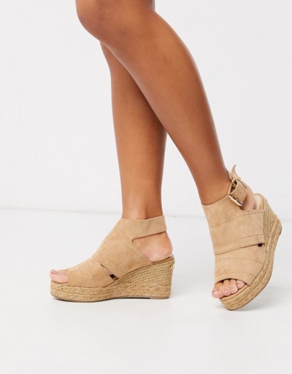 River Island Wide Fit cut out wedge heeled sandal in beige