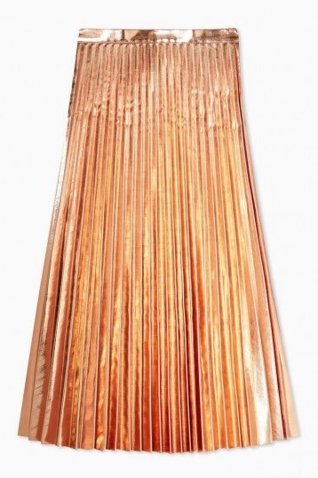 Topshop Rose Gold Metallic PU Pleated Midi Skirt | shiny skirts - flipped