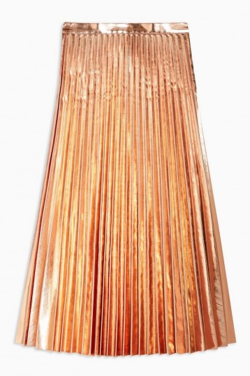 Topshop Rose Gold Metallic PU Pleated Midi Skirt | shiny skirts