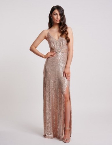 FOREVER UNIQUE Rose Gold Sequin Split Midi Dress ~ sequinned gowns - flipped