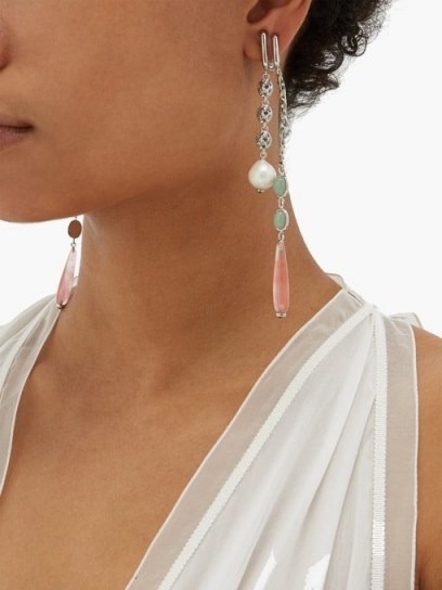 CHLOÉ Rose-quartz & crystal-embellished clip earrings ~ green and pink drops - flipped
