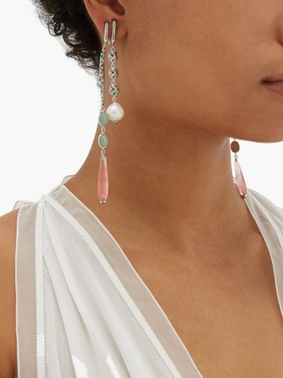CHLOÉ Rose-quartz & crystal-embellished clip earrings ~ green and pink drops