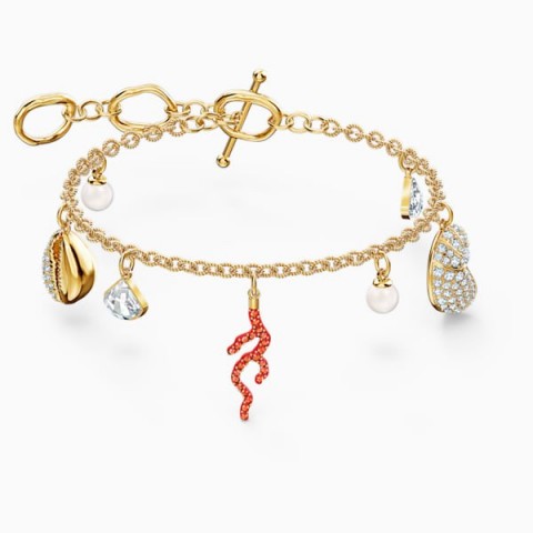 SWAROVSKI SHELL CORAL BRACELET, RED, GOLD-TONE PLATED ~ sea / ocean inspired charms ~ bracelets