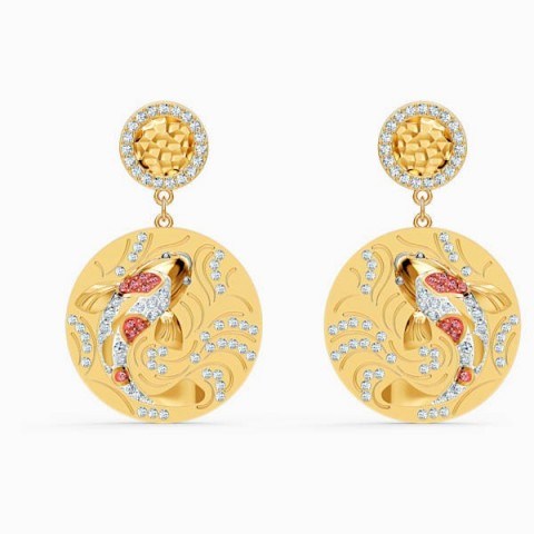 SWAROVSKI SHINE FISH PIERCED EARRINGS, RED, GOLD-TONE PLATED ~ disc drops ~ sea inspired ~ crystals - flipped