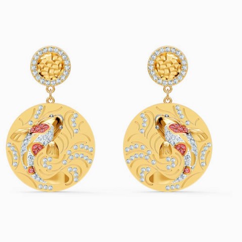 SWAROVSKI SHINE FISH PIERCED EARRINGS, RED, GOLD-TONE PLATED ~ disc drops ~ sea inspired ~ crystals