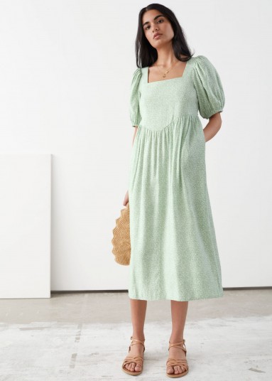 Stories Square Neck Puff Sleeve Midi Dress Green Florals