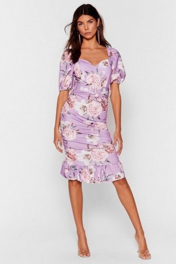 NASTY GAL Stalk This Way Floral Midi Dress Lilac ~ ruched, puff sleeved dresses - flipped