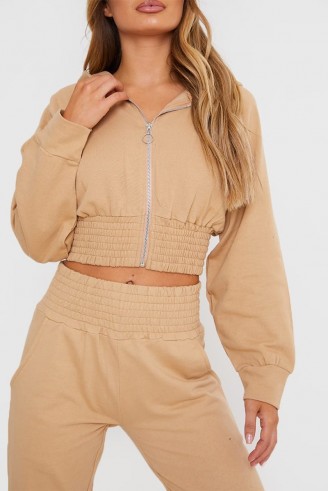 IN THE STYLE STONE SHIRRED WAIST ZIP FRONT LOUNGEWEAR HOODIE