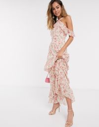 Style Cheat high neck cold shoulder tiered ruffle hem maxi dress in cream floral print