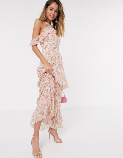 Style Cheat high neck cold shoulder tiered ruffle hem maxi dress in cream floral print - flipped