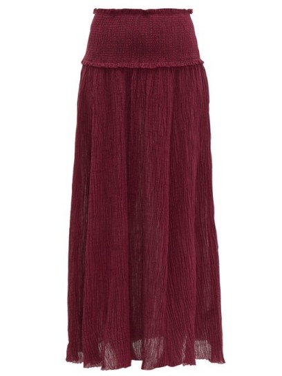 Ana de Armas long burgundy skirt, worn with matching crop top, ZIMMERMANN Suraya plissé-gauze maxi skirt, out in Los Angeles, 30 March 2020 | celebrity street style fashion
