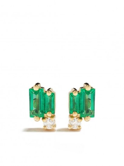 SUZANNE KALAN 18kt yellow gold Fireworks emerald and diamond studs – small luxe stud earrings - flipped
