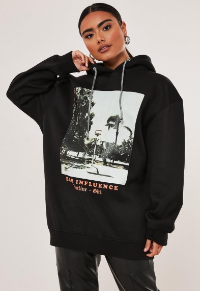 MISSGUIDED tall black bad influence graphic hoodie – printed hoodies