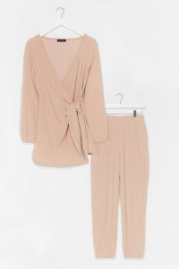 NASTY GAL That’s a Wrap Knitted Jogger Lounge Set Beige