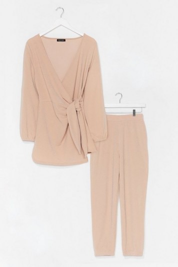 NASTY GAL That’s a Wrap Knitted Jogger Lounge Set Beige