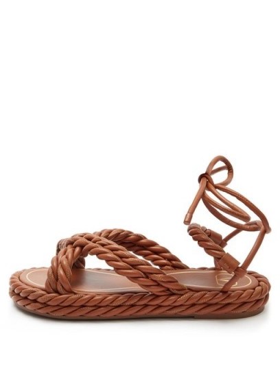 VALENTINO GARAVANI The Rope ankle-tie leather sandals in tan brown - flipped
