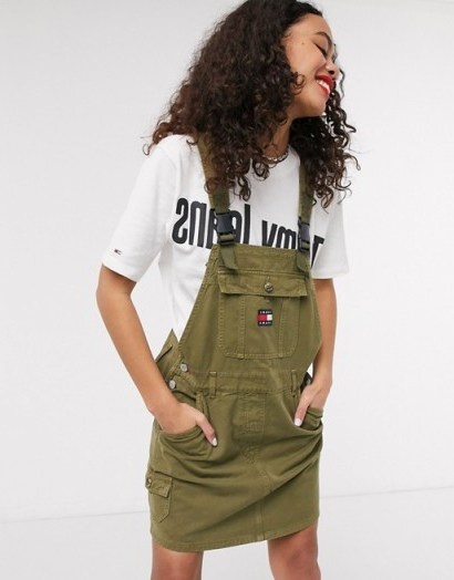 Tommy Jeans dungaree dress in green - flipped