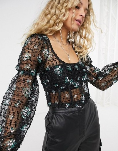 Topshop balloon sleeve embroidered blouse in black / sheer tops - flipped