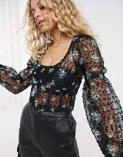 Topshop balloon sleeve embroidered blouse in black / sheer tops