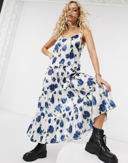 Topshop satin midi dress in ivory and blue floral. TIERED DRESSES - flipped