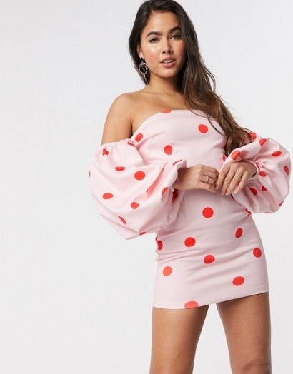 True Violet exclusive bardot balloon sleeve mini dress in oversized polka dot print pink/red - flipped
