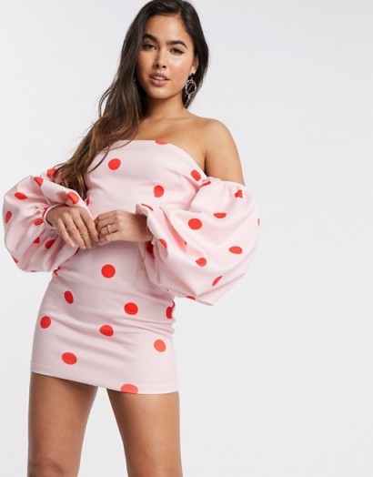True Violet exclusive bardot balloon sleeve mini dress in oversized polka dot print pink/red