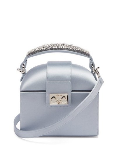 RODO Trunk crystal-embellished satin cross-body bag light blue | small luxe top handle bags - flipped