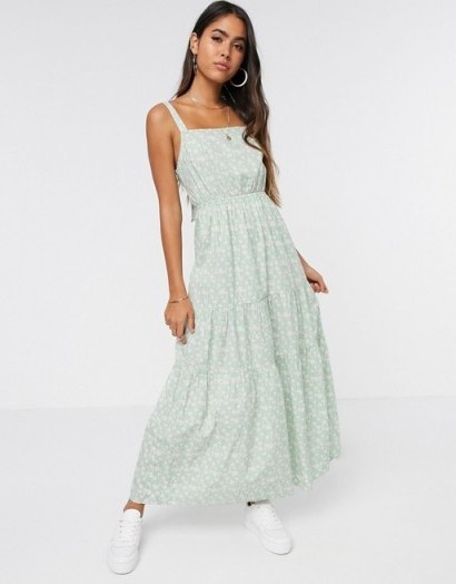 Vero Moda tiered floral maxi dress with tie back detail in green daisy print - flipped